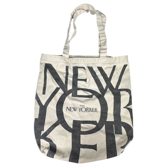 The New Yorker Canvas Cream Black Reusable Tote Bag Grocery Farmers Market - Picture 1 of 4